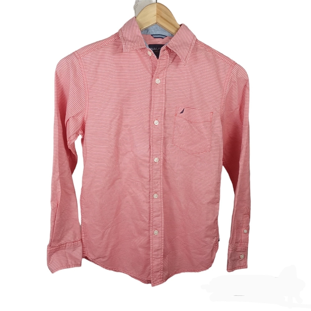 Nautica Striped Button Down Medium 10/12 Pink W/Blue Accent Cuff *TINY PINHOLE*